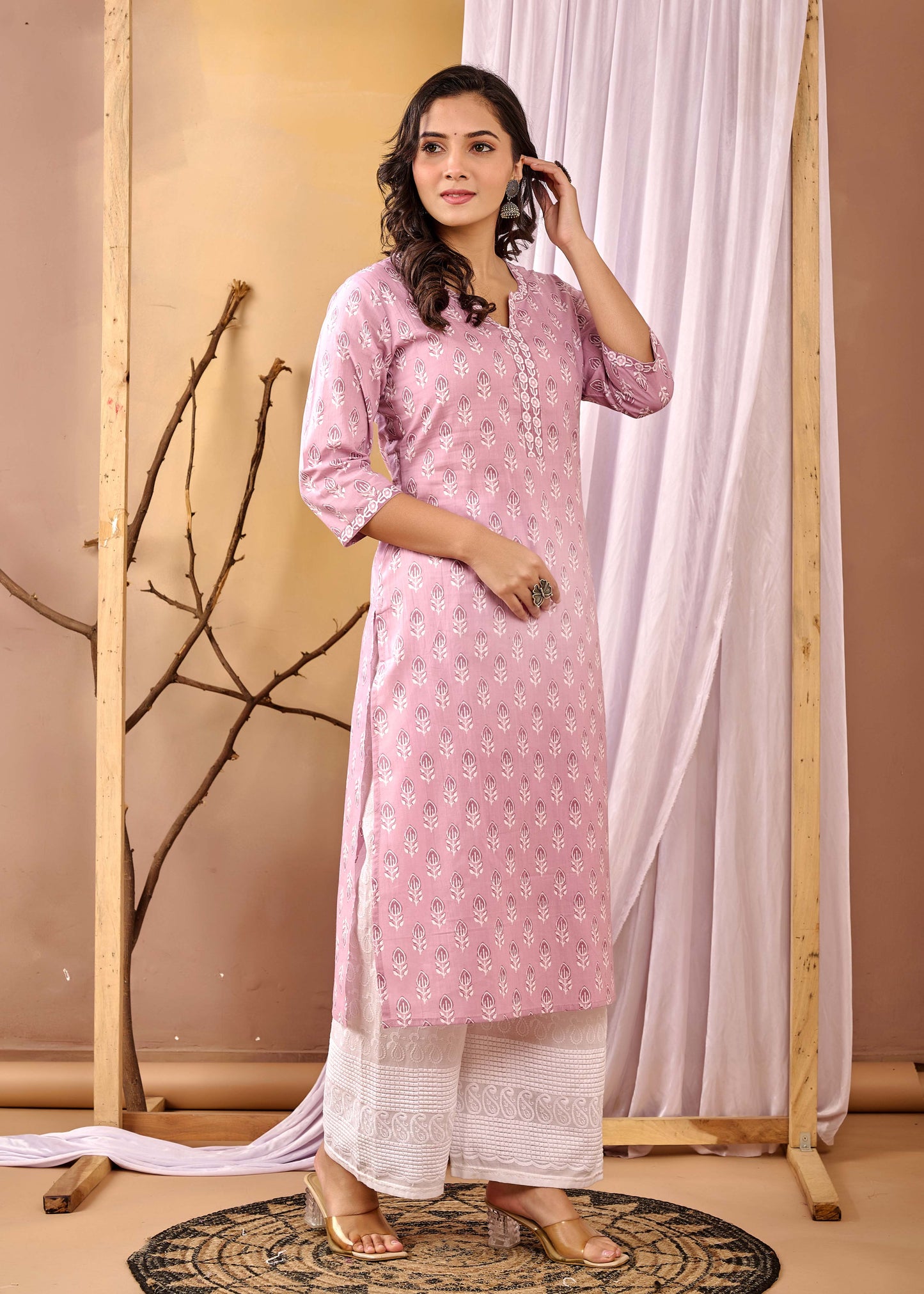 Women Mauve Printed Straight Kurta with Three Quarter Sleeves | LASVINI - Redefining Indian Fashion with Elegance