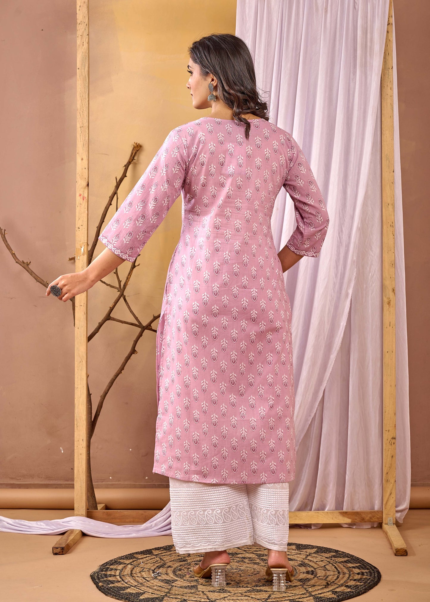 Women Mauve Printed Straight Kurta with Three Quarter Sleeves | LASVINI - Redefining Indian Fashion with Elegance