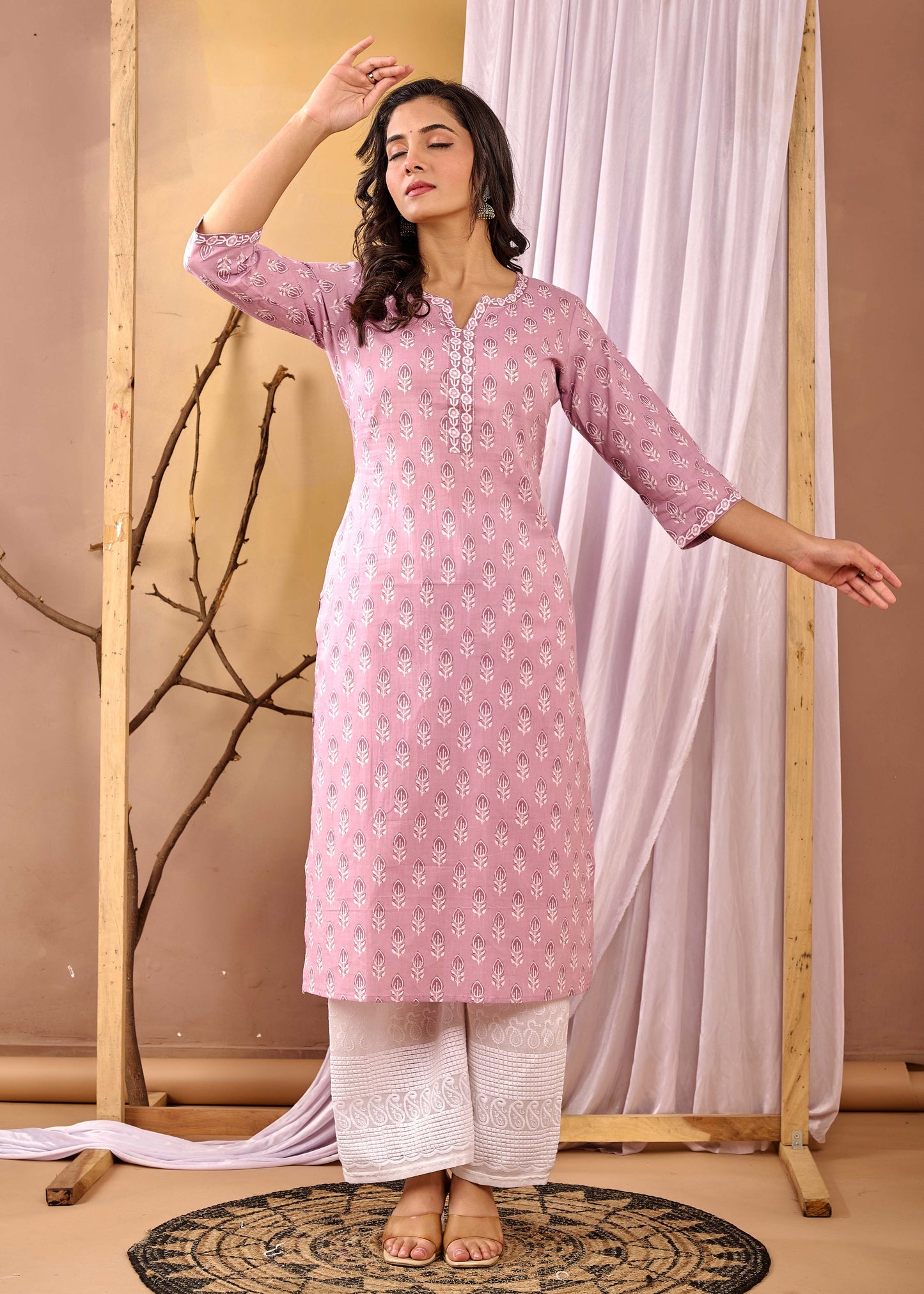 Women Mauve Printed Straight Kurta with Three Quarter Sleeves | LASVINI - Redefining Indian Fashion with Elegance