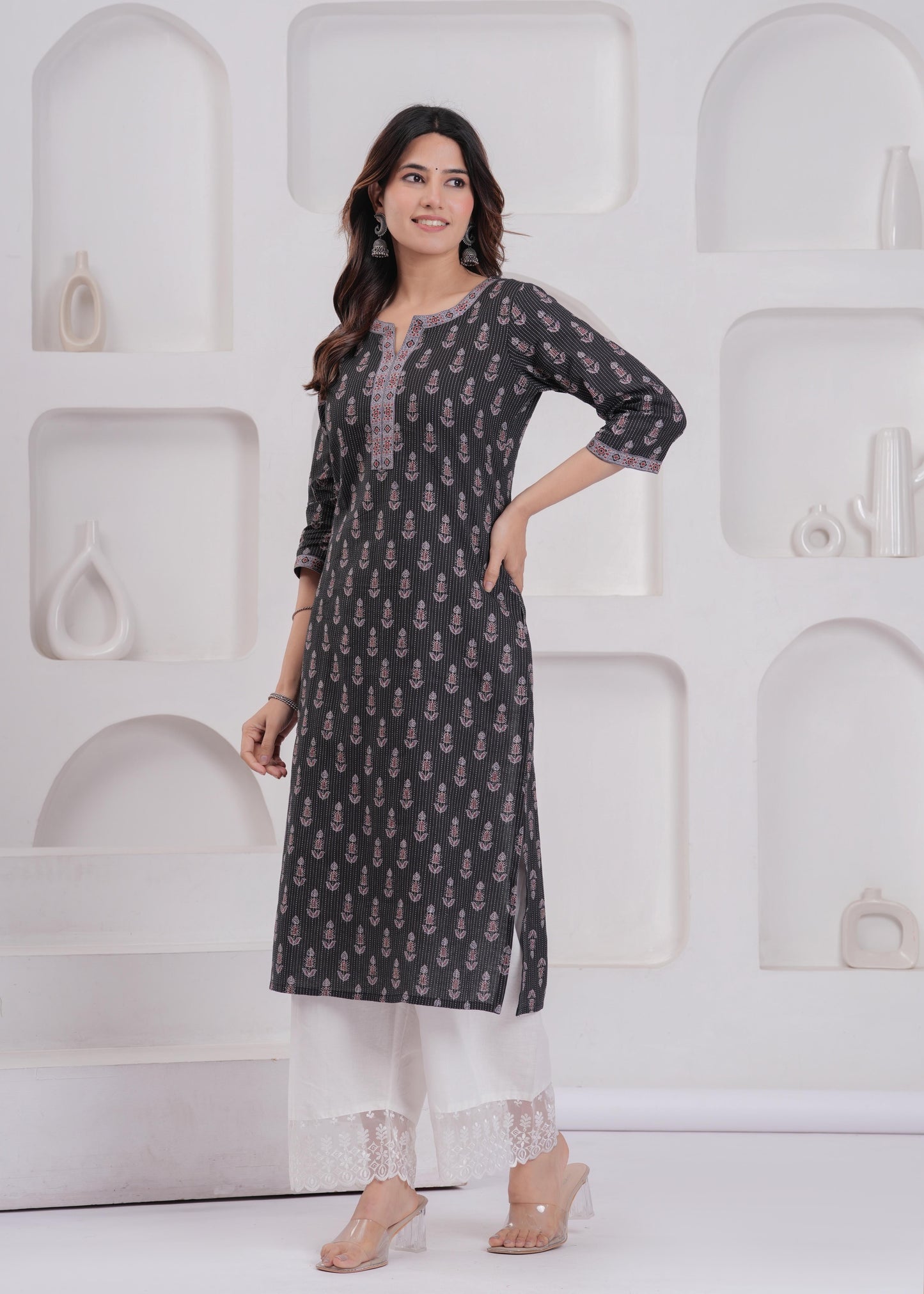 Women Black Printed Straight Kurta with Three Quarter Sleeves | LASVINI - Redefining Indian Fashion with Elegance