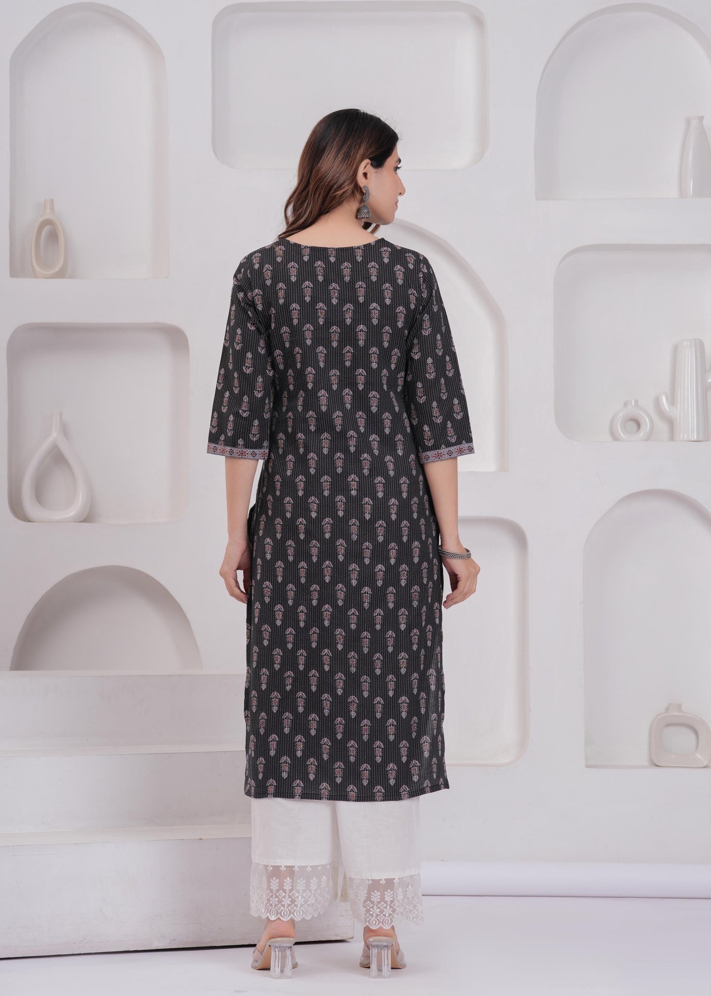 Women Black Printed Straight Kurta with Three Quarter Sleeves | LASVINI - Redefining Indian Fashion with Elegance