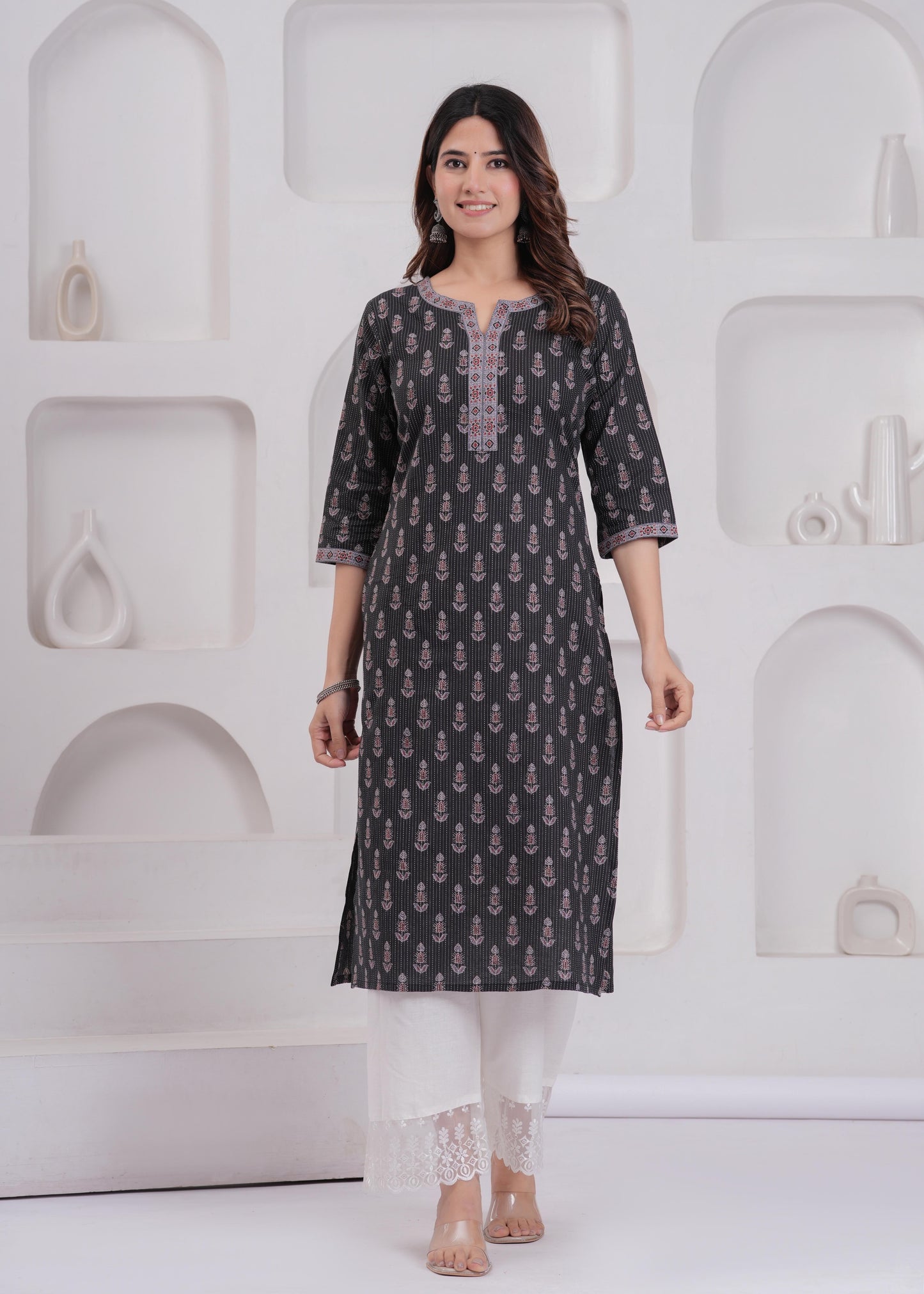 Women Black Printed Straight Kurta with Three Quarter Sleeves | LASVINI - Redefining Indian Fashion with Elegance
