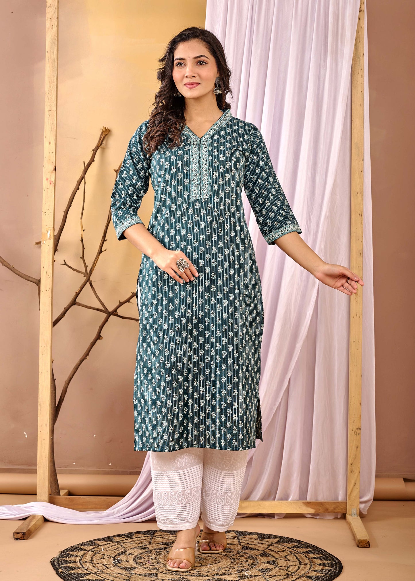 Women Green Printed Straight Kurta with Three Quarter Sleeves | LASVINI - Redefining Indian Fashion with Elegance