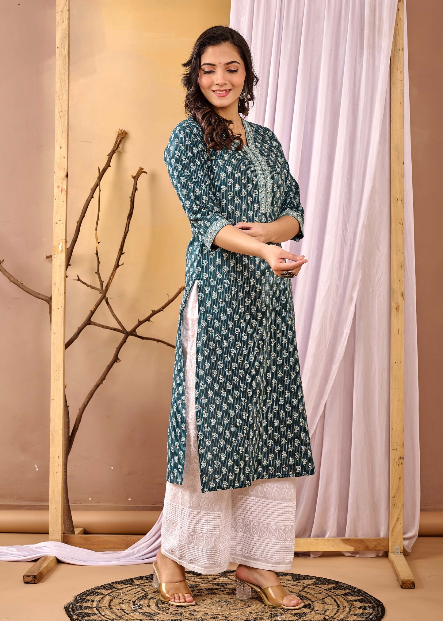Women Green Printed Straight Kurta with Three Quarter Sleeves | LASVINI - Redefining Indian Fashion with Elegance