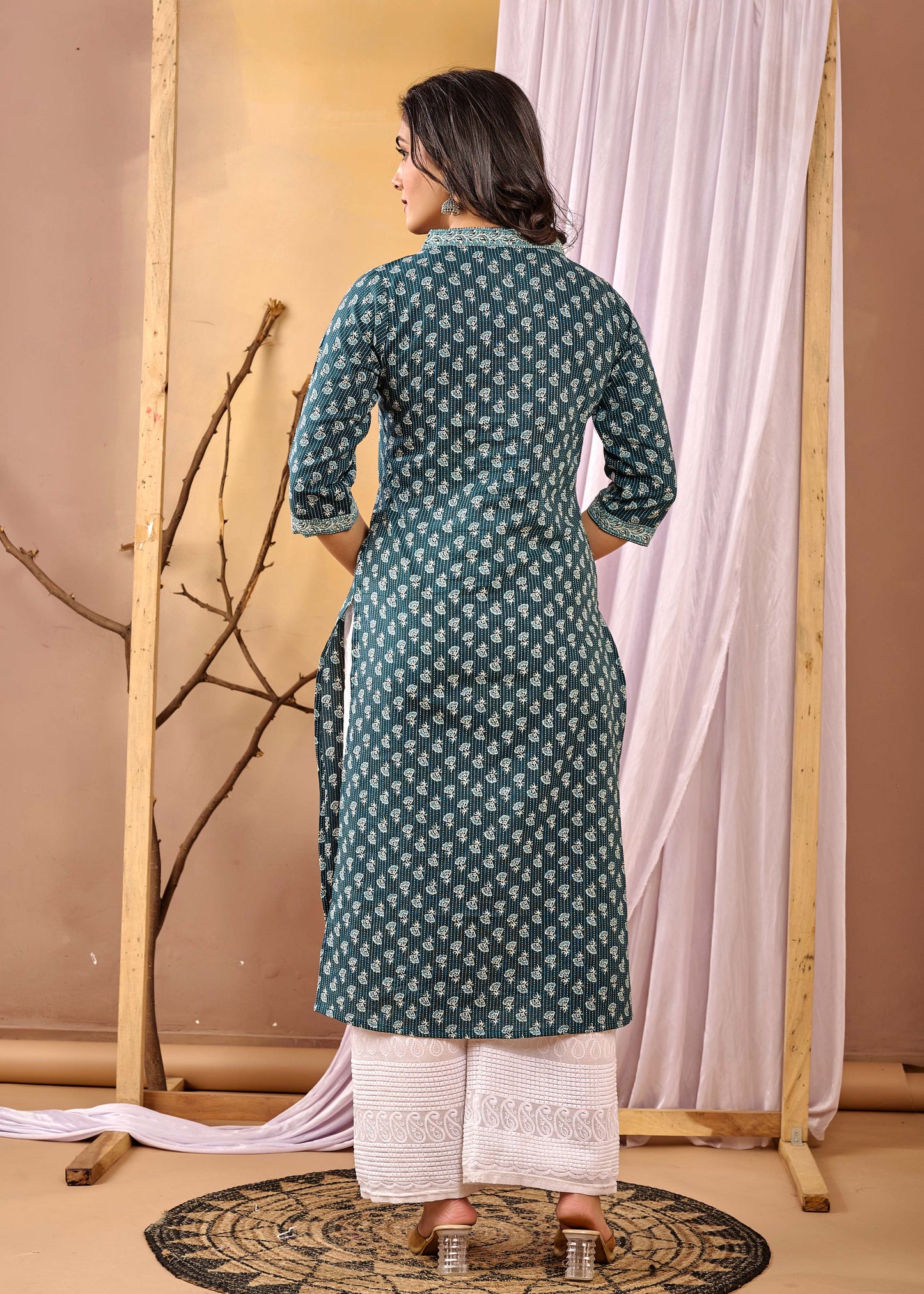 Women Green Printed Straight Kurta with Three Quarter Sleeves | LASVINI - Redefining Indian Fashion with Elegance