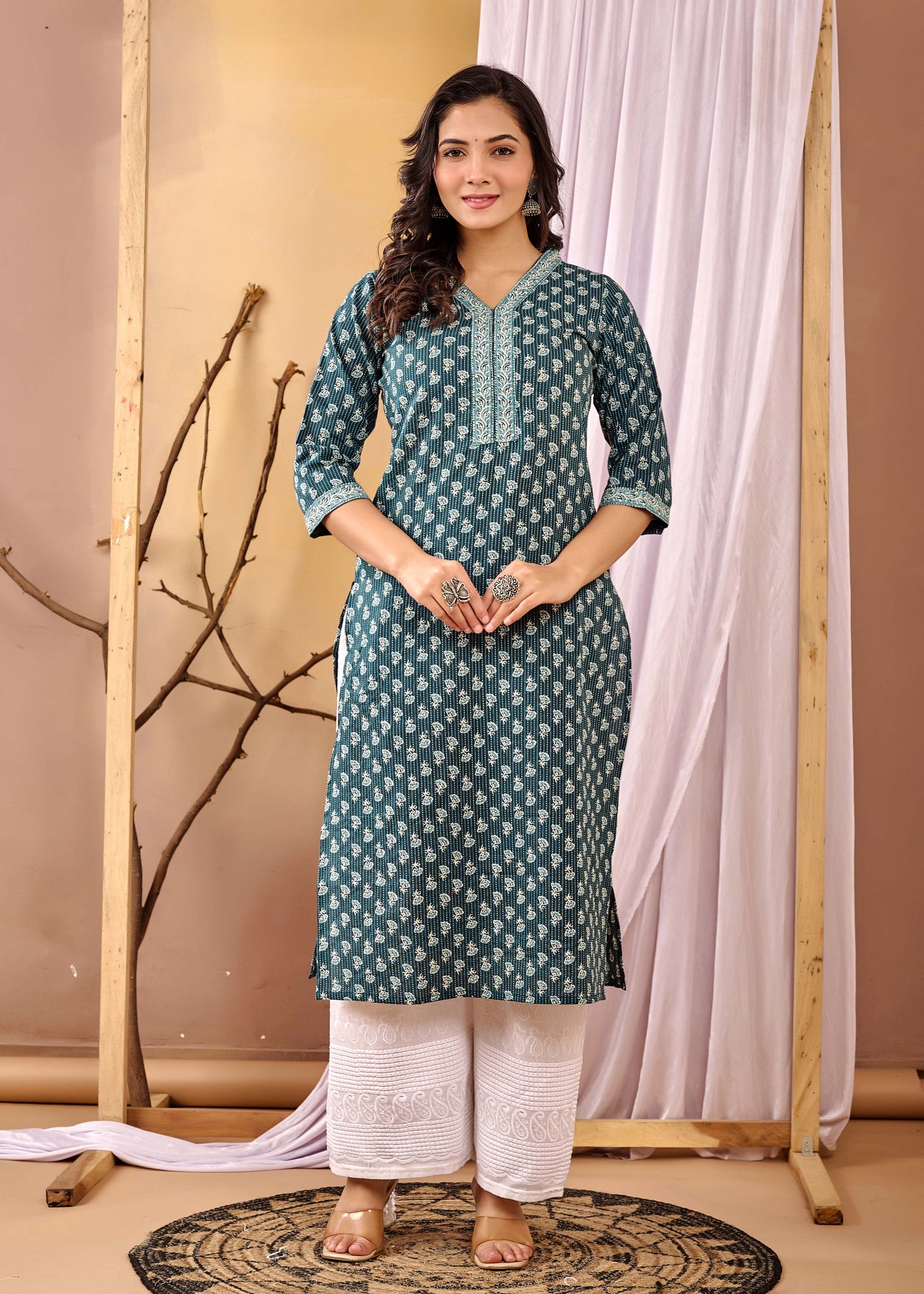 Women Green Printed Straight Kurta with Three Quarter Sleeves | LASVINI - Redefining Indian Fashion with Elegance