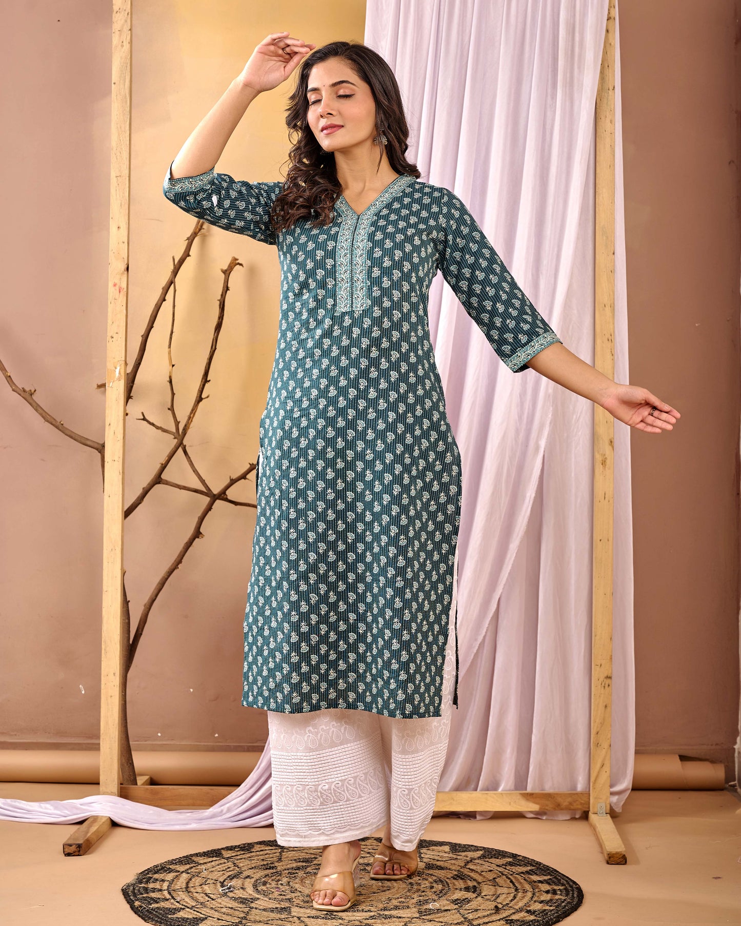 Women Green Printed Straight Kurta with Three Quarter Sleeves | LASVINI - Redefining Indian Fashion with Elegance