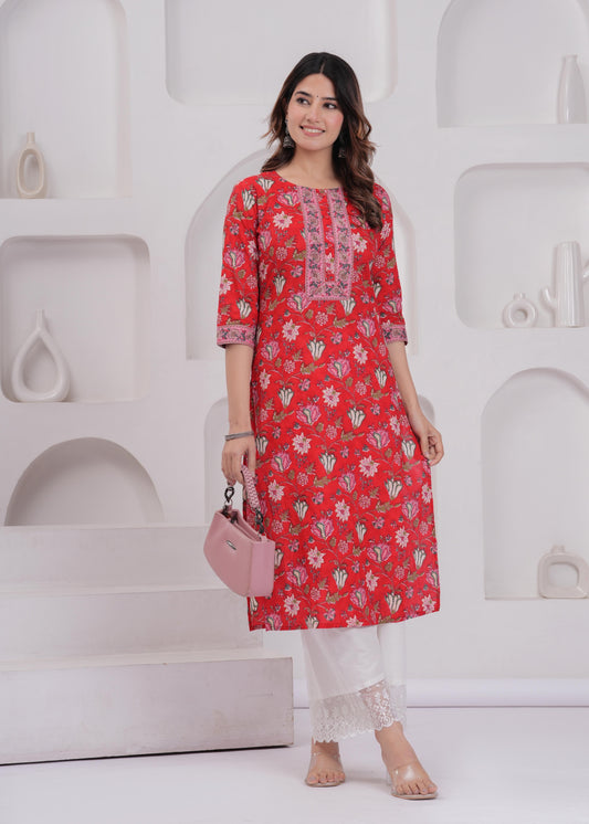 Women Red Printed Straight Kurta with Three Quarter Sleeves | LASVINI - Redefining Indian Fashion with Elegance