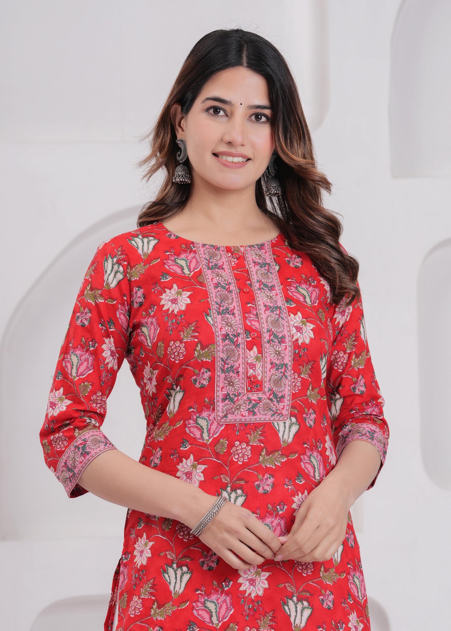 Women Red Printed Straight Kurta with Three Quarter Sleeves | LASVINI - Redefining Indian Fashion with Elegance