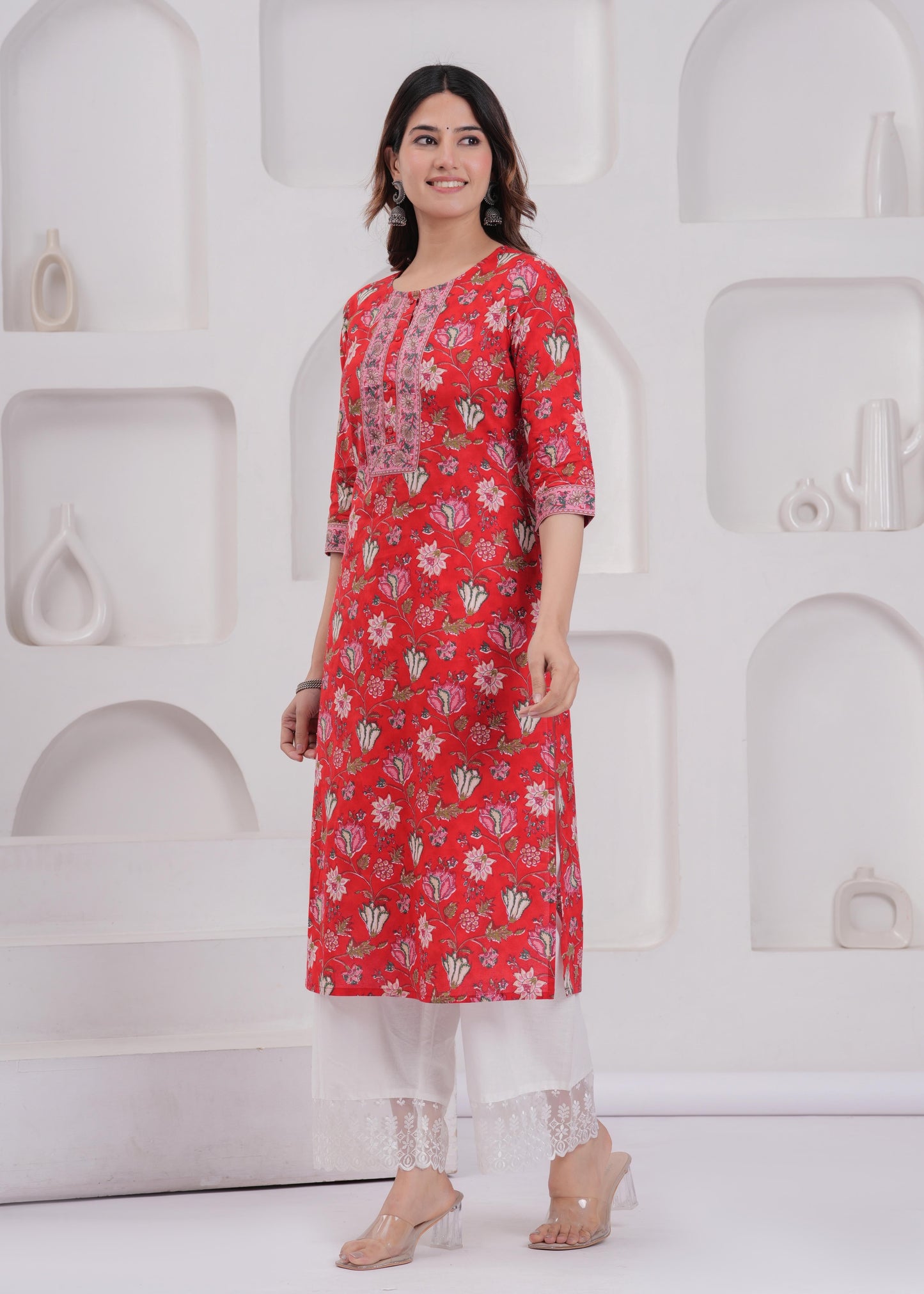 Women Red Printed Straight Kurta with Three Quarter Sleeves | LASVINI - Redefining Indian Fashion with Elegance