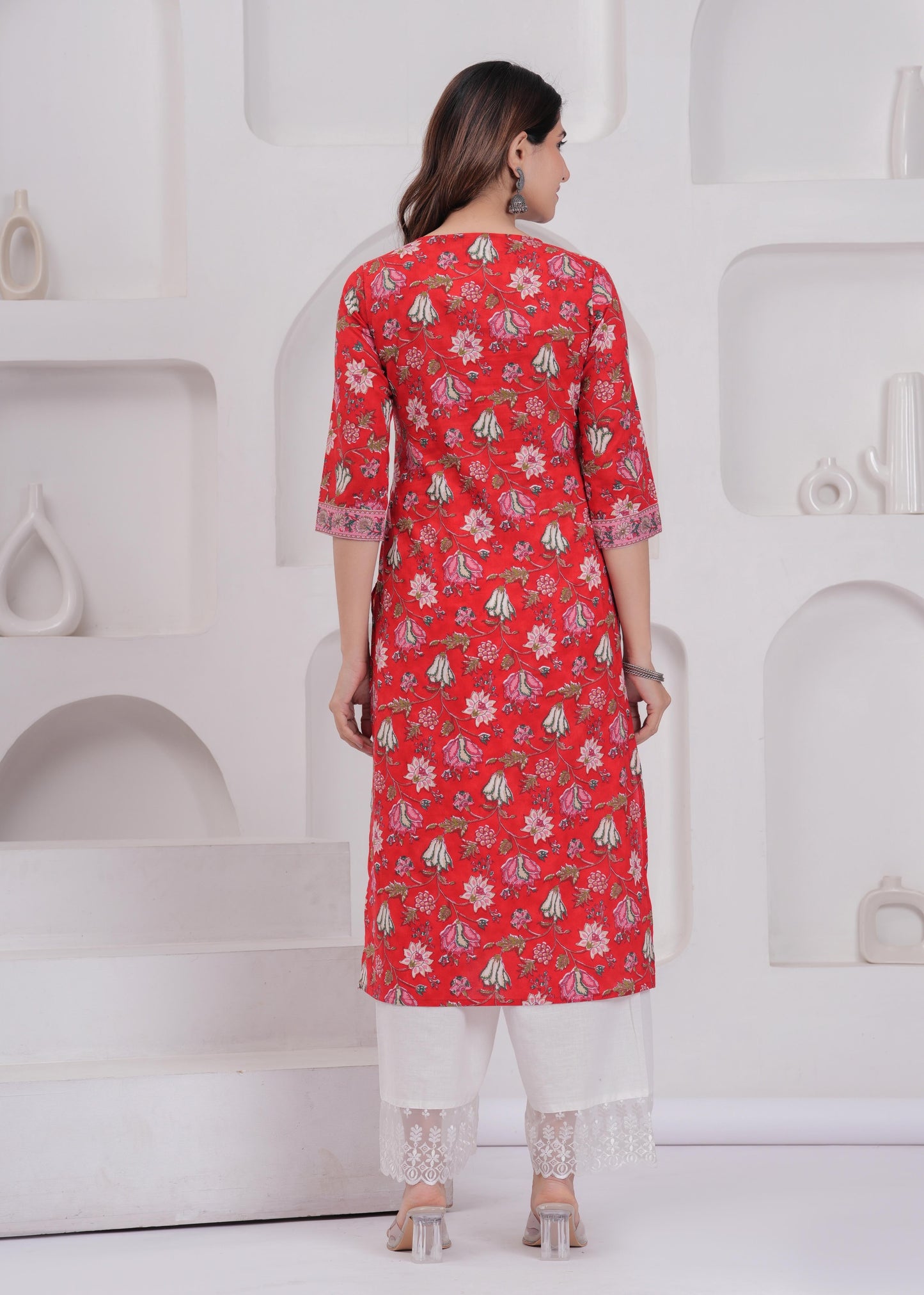 Women Red Printed Straight Kurta with Three Quarter Sleeves | LASVINI - Redefining Indian Fashion with Elegance