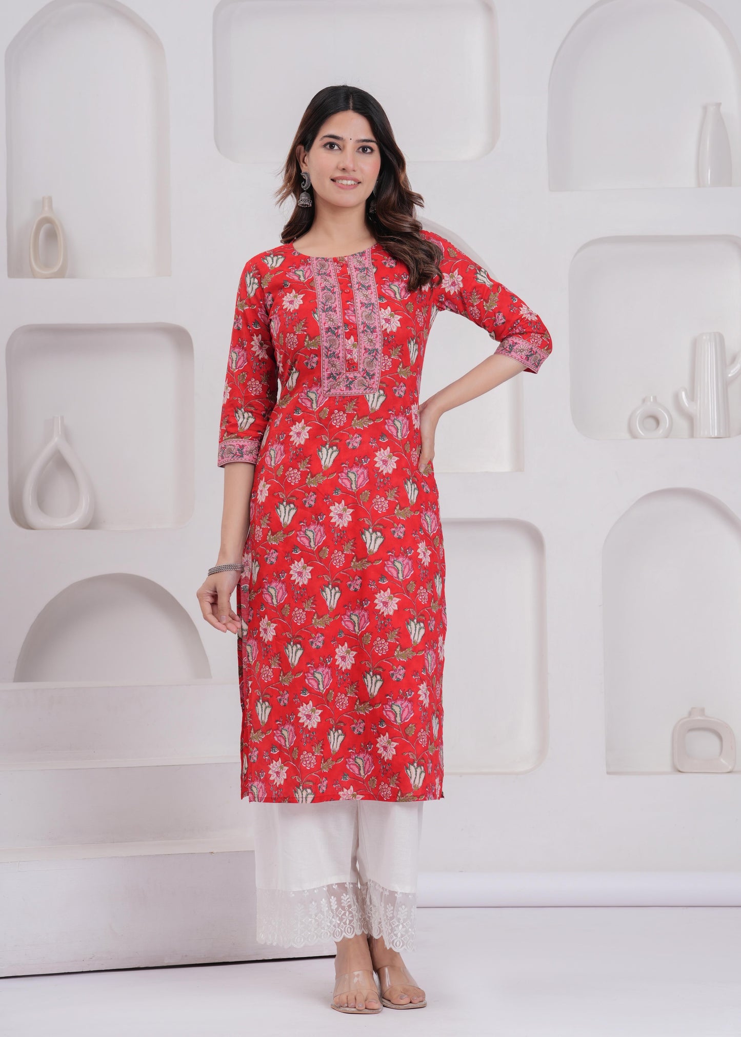 Women Red Printed Straight Kurta with Three Quarter Sleeves | LASVINI - Redefining Indian Fashion with Elegance