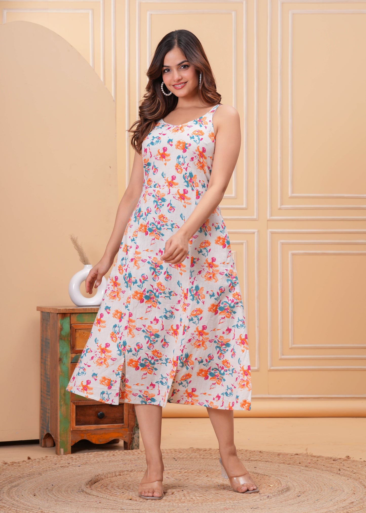 Off White Floral Printed Sleeveless Dress for Women | LASVINI - Redefining Indian Fashion with Elegance