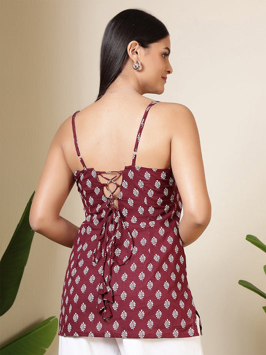 Women Burgundy Printed Straight Tunic | LASVINI - Redefining Indian Fashion with Elegance