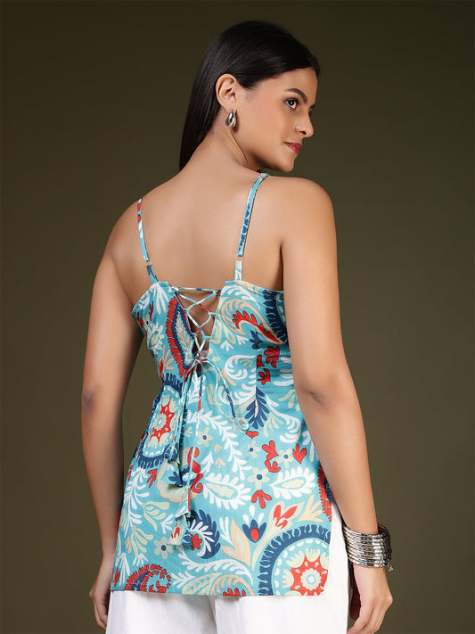 Women Blue Printed Straight Tunic | LASVINI - Redefining Indian Fashion with Elegance