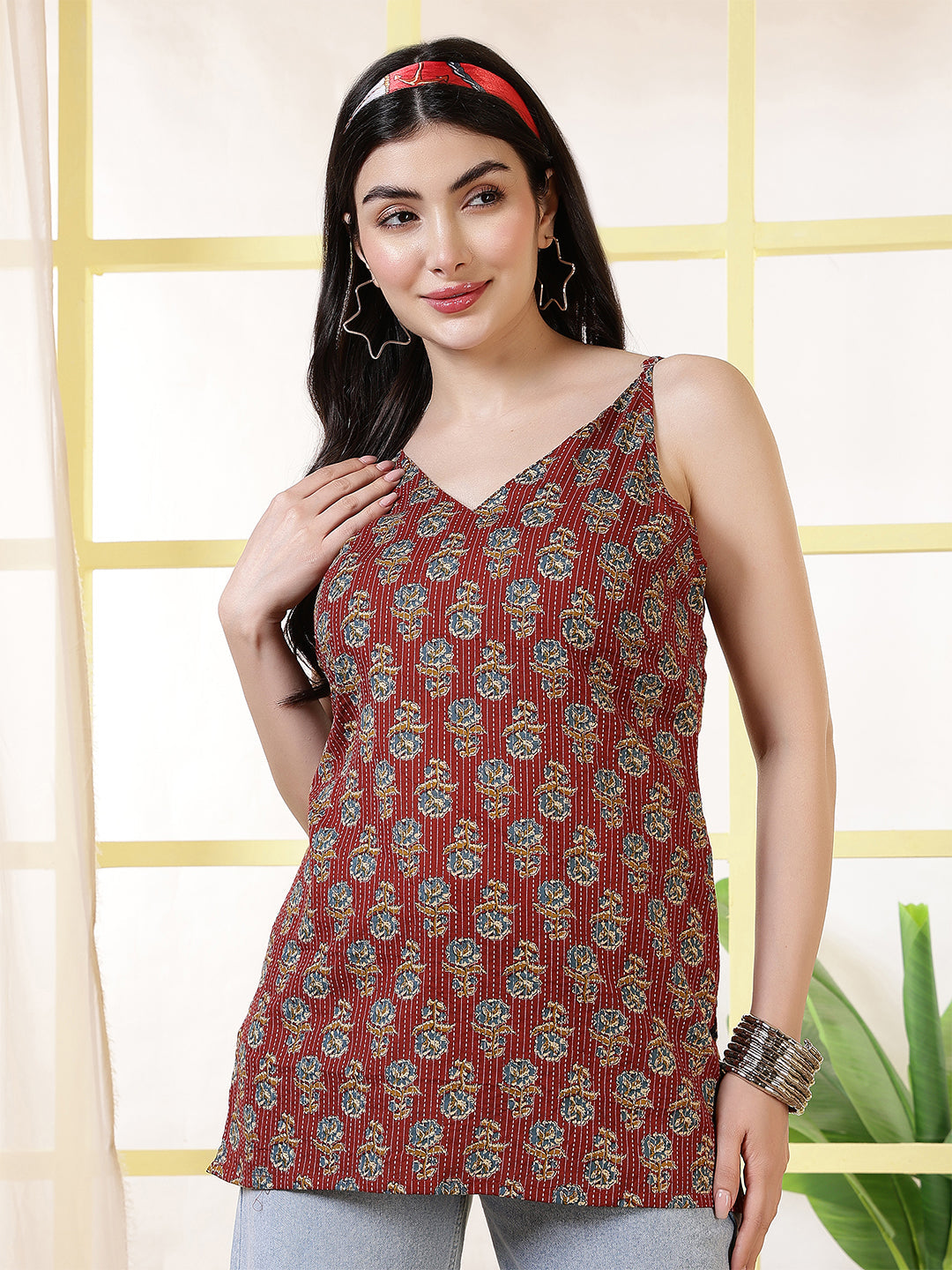 Women Maroon Printed Straight Tunic | LASVINI - Redefining Indian Fashion with Elegance
