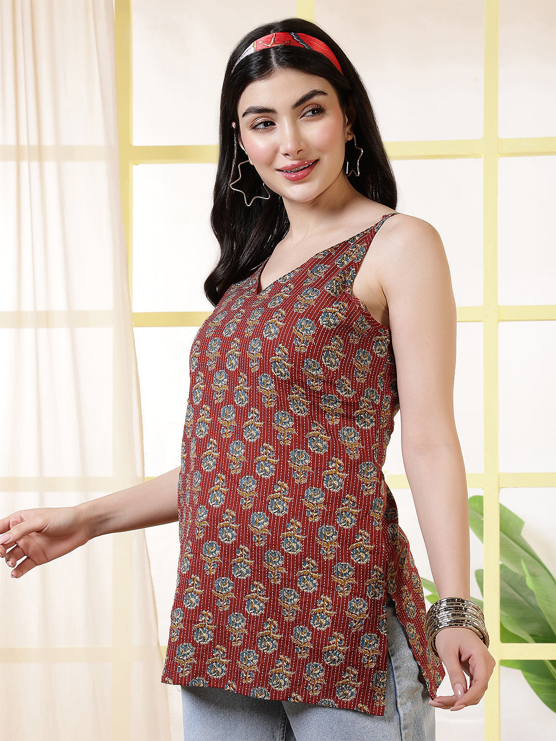 Women Maroon Printed Straight Tunic | LASVINI - Redefining Indian Fashion with Elegance