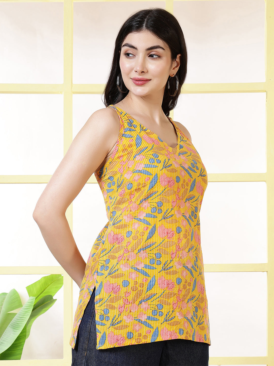 Women Yellow Printed Straight Tunic | LASVINI - Redefining Indian Fashion with Elegance