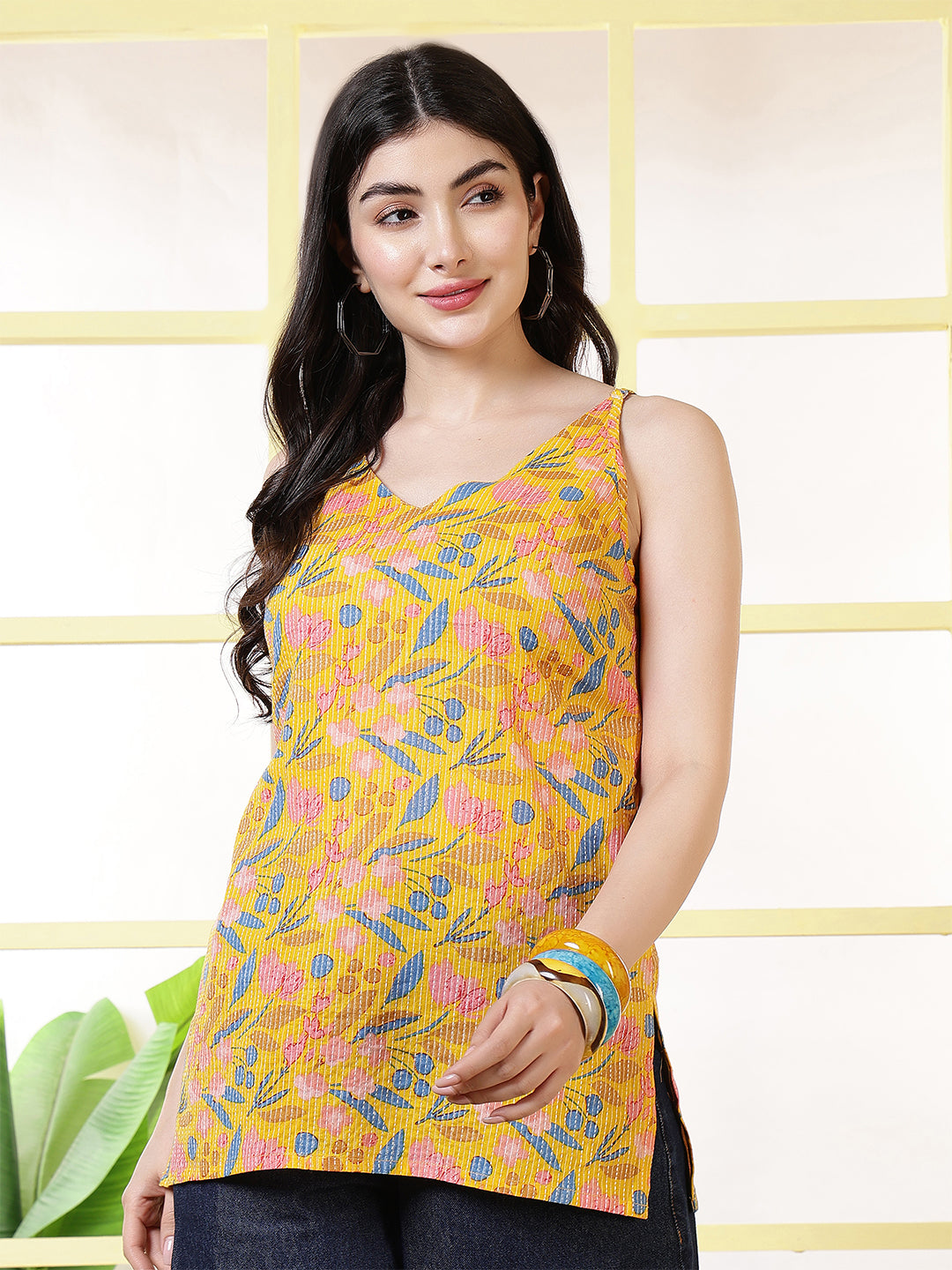 Women Yellow Printed Straight Tunic | LASVINI - Redefining Indian Fashion with Elegance