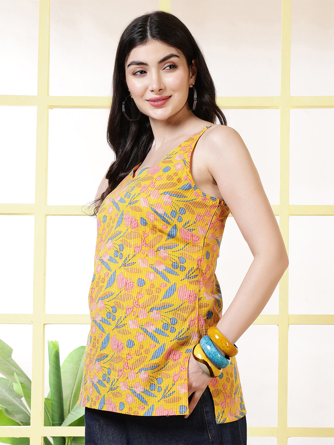Women Yellow Printed Straight Tunic | LASVINI - Redefining Indian Fashion with Elegance