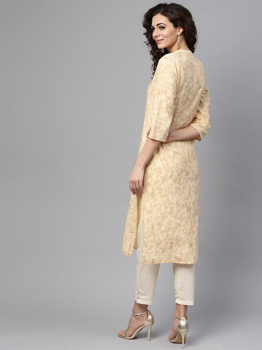 Cream & Gold Floral Printed Kurta Set With Solid Cream Pants | LASVINI - Redefining Indian Fashion with Elegance