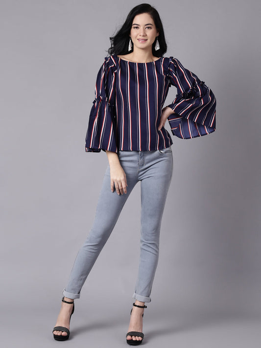 Women Navy Blue Stripes Printed Top With Three Quarter Sleeves | LASVINI - Redefining Indian Fashion with Elegance