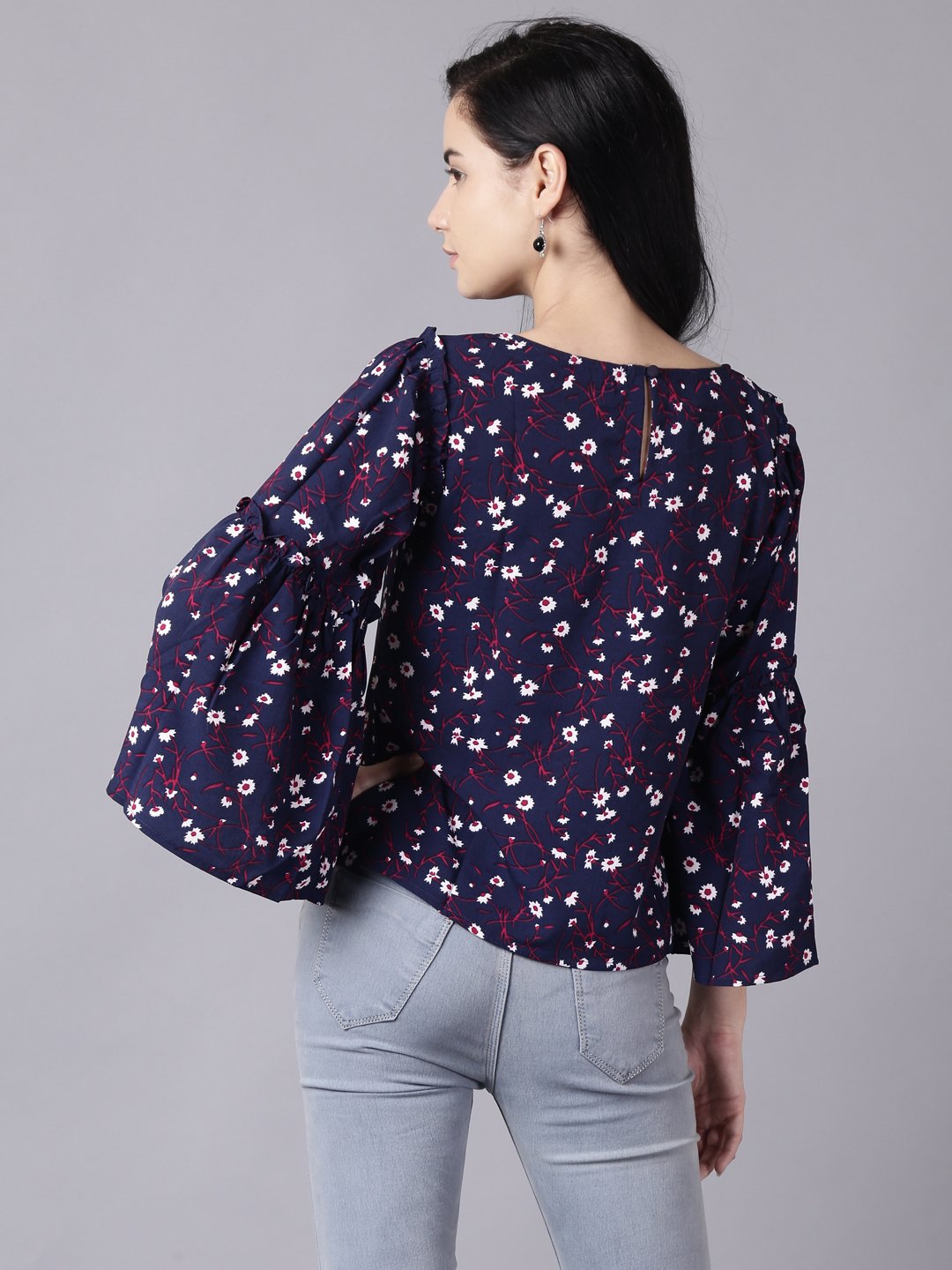 Women Navy Blue Casual Printed Boat Neck Top | LASVINI - Redefining Indian Fashion with Elegance