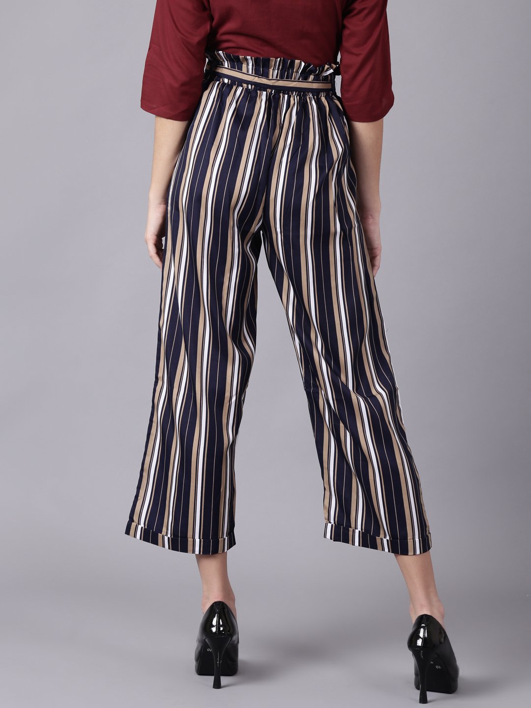 Women Navy Blue Striped Casual Crepe Trouser | LASVINI - Redefining Indian Fashion with Elegance
