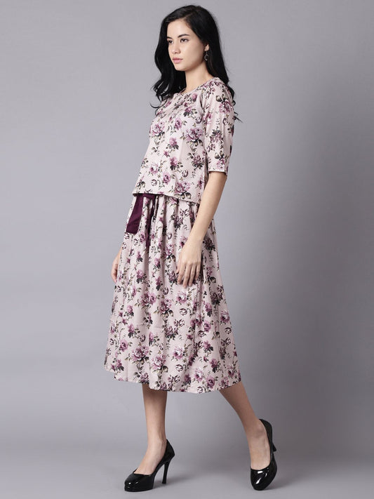 Women Beige Slip-On Polyester Short Sleeves Skirt And Top Set | LASVINI - Redefining Indian Fashion with Elegance