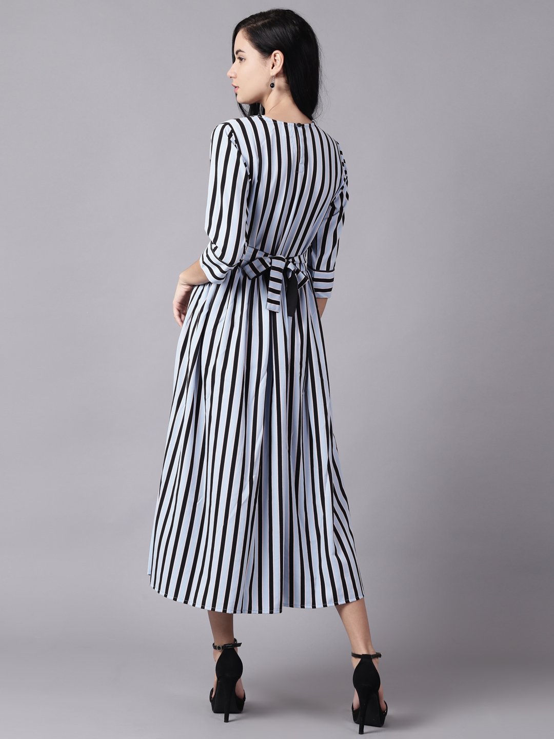 Women Sky Blue Striped Striped Choker Neck A-Line Dress | LASVINI - Redefining Indian Fashion with Elegance