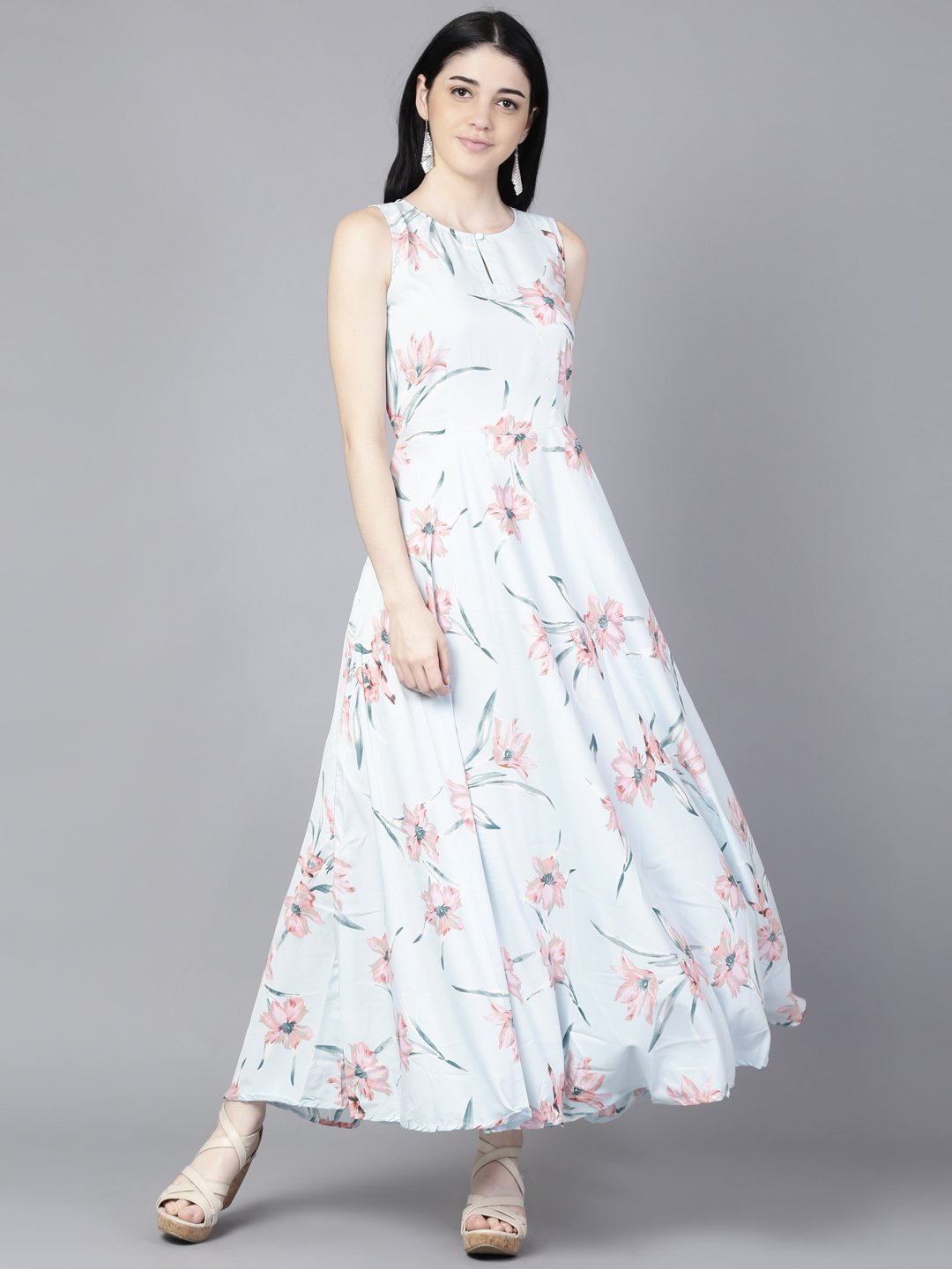 Women Blue Floral Printed Sleevless Maxi Dress | LASVINI - Redefining Indian Fashion with Elegance
