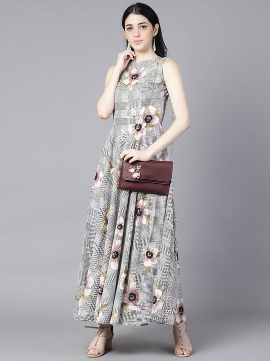 Women Black (Multi) Floral Printed Round Neck Fit And Flare Dress | LASVINI - Redefining Indian Fashion with Elegance