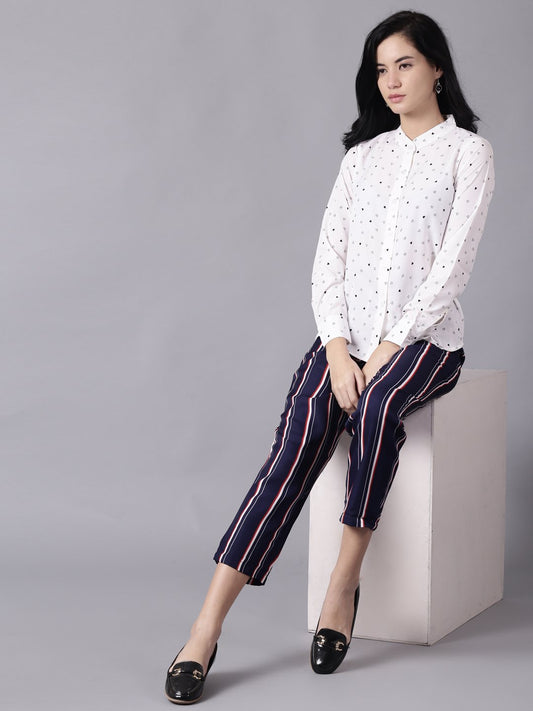 Women Navy Blue Striped Casual Crepe Trouser | LASVINI - Redefining Indian Fashion with Elegance