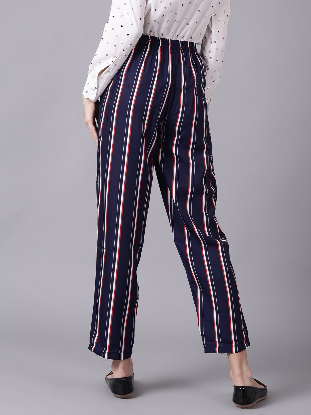 Women Navy Blue Striped Casual Crepe Trouser | LASVINI - Redefining Indian Fashion with Elegance