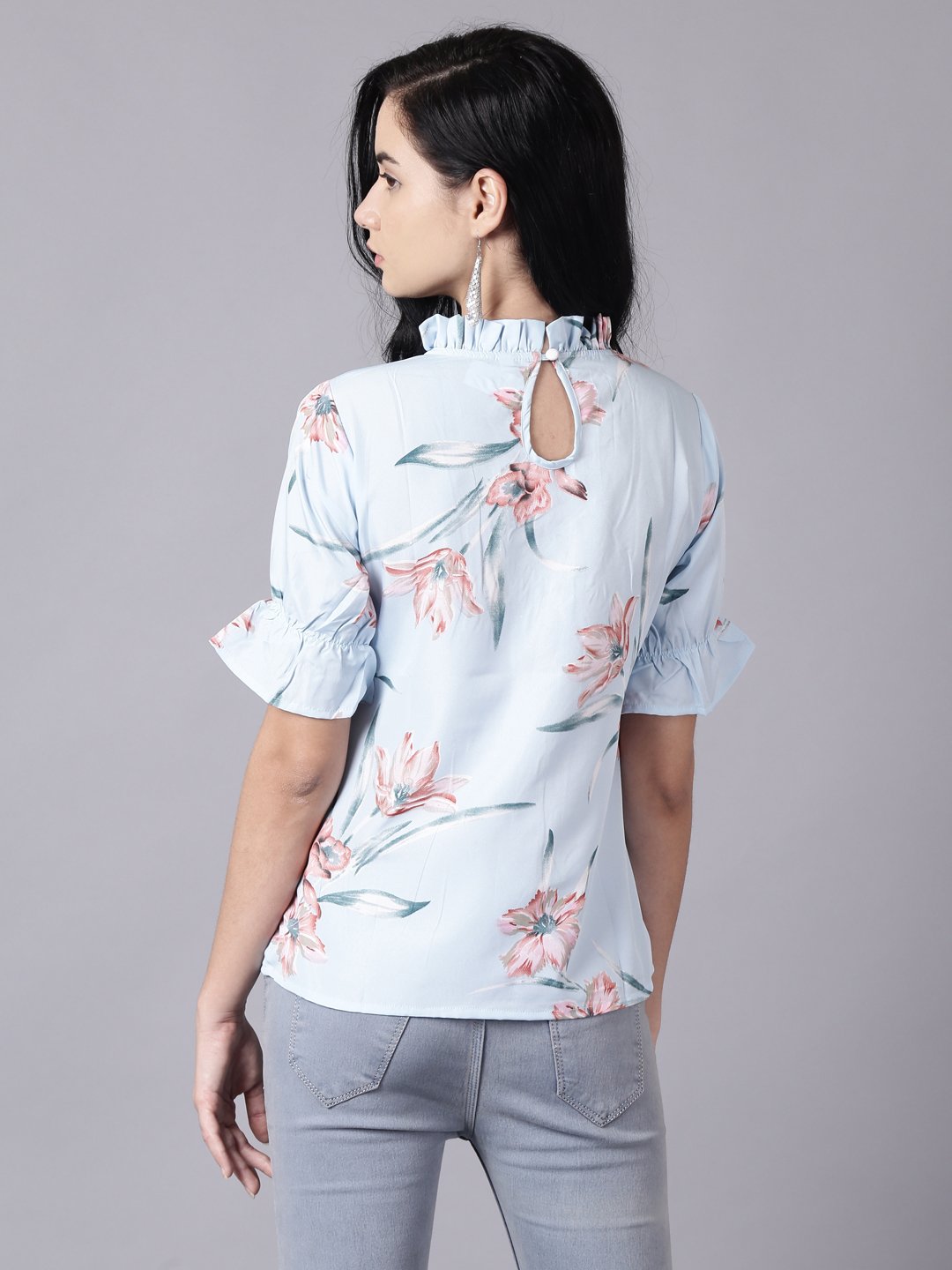 Women Powder Blue Casual Printed High Neck Top | LASVINI - Redefining Indian Fashion with Elegance