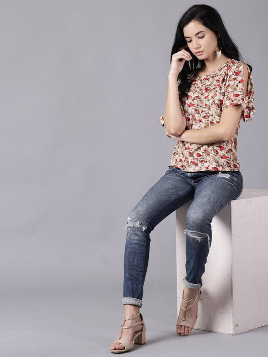 Women Beige Casual Printed Round Neck Top | LASVINI - Redefining Indian Fashion with Elegance