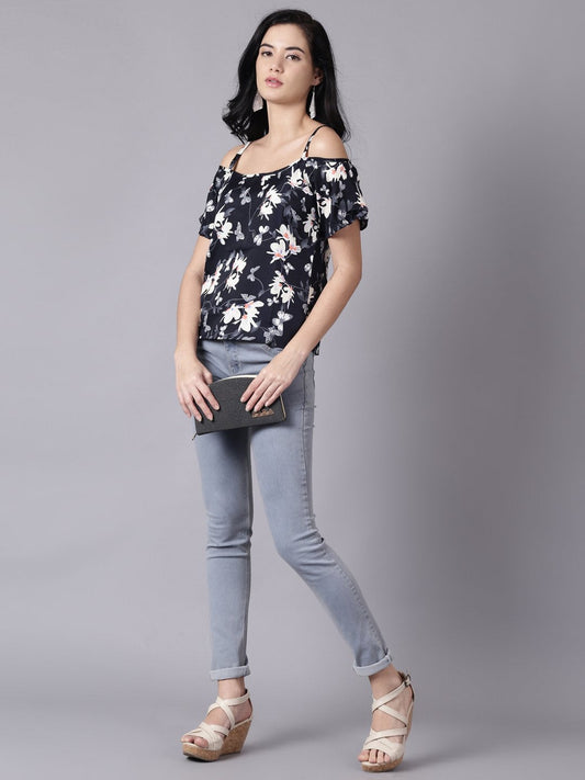 Women Navy Blue Casual Printed Shoulder Straps Top | LASVINI - Redefining Indian Fashion with Elegance