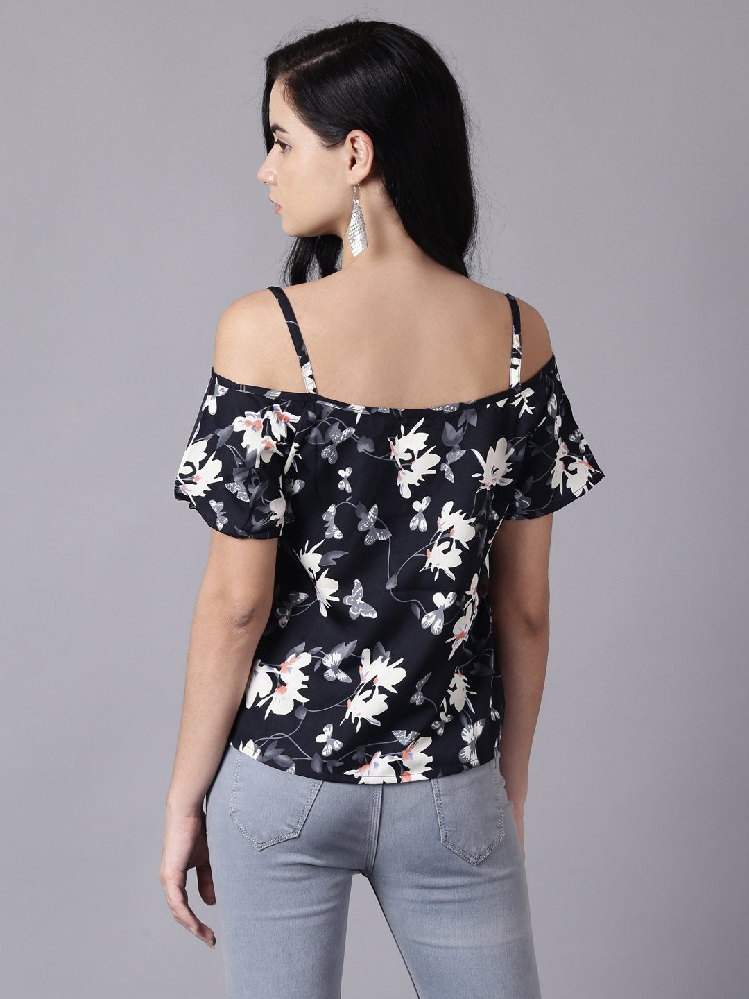 Women Navy Blue Casual Printed Shoulder Straps Top | LASVINI - Redefining Indian Fashion with Elegance