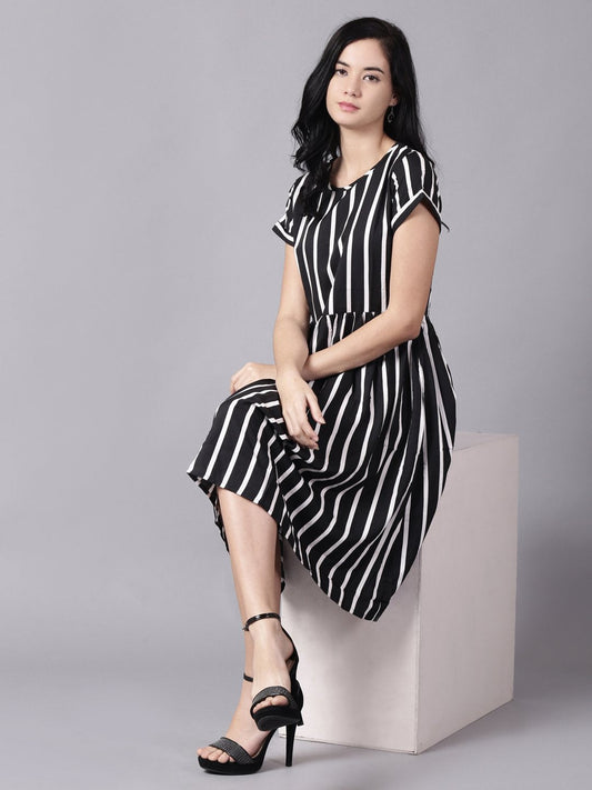 Women Black Striped Striped Round Neck A-Line Dress | LASVINI - Redefining Indian Fashion with Elegance