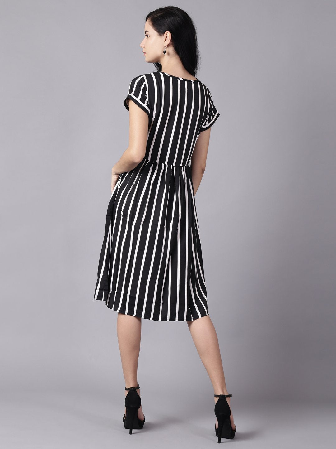 Women Black Striped Striped Round Neck A-Line Dress | LASVINI - Redefining Indian Fashion with Elegance