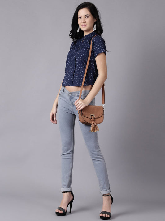 Women Ink Blue Casual Printed Mandarin Collar Top | LASVINI - Redefining Indian Fashion with Elegance