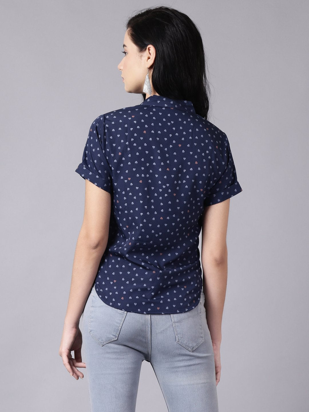 Women Ink Blue Casual Printed Mandarin Collar Top | LASVINI - Redefining Indian Fashion with Elegance