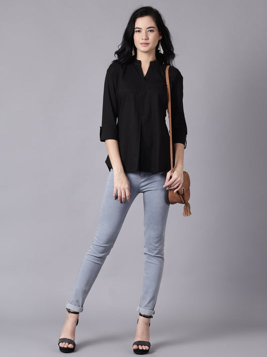 Women Black Casual Printed Mandarin Collar Top | LASVINI - Redefining Indian Fashion with Elegance