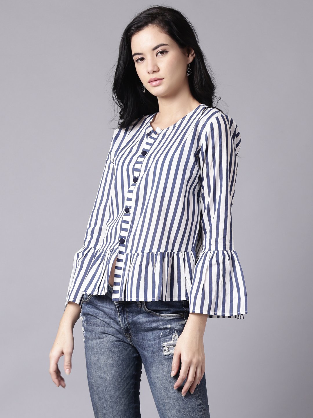 Women White Casual Striped Round Neck Top | LASVINI - Redefining Indian Fashion with Elegance