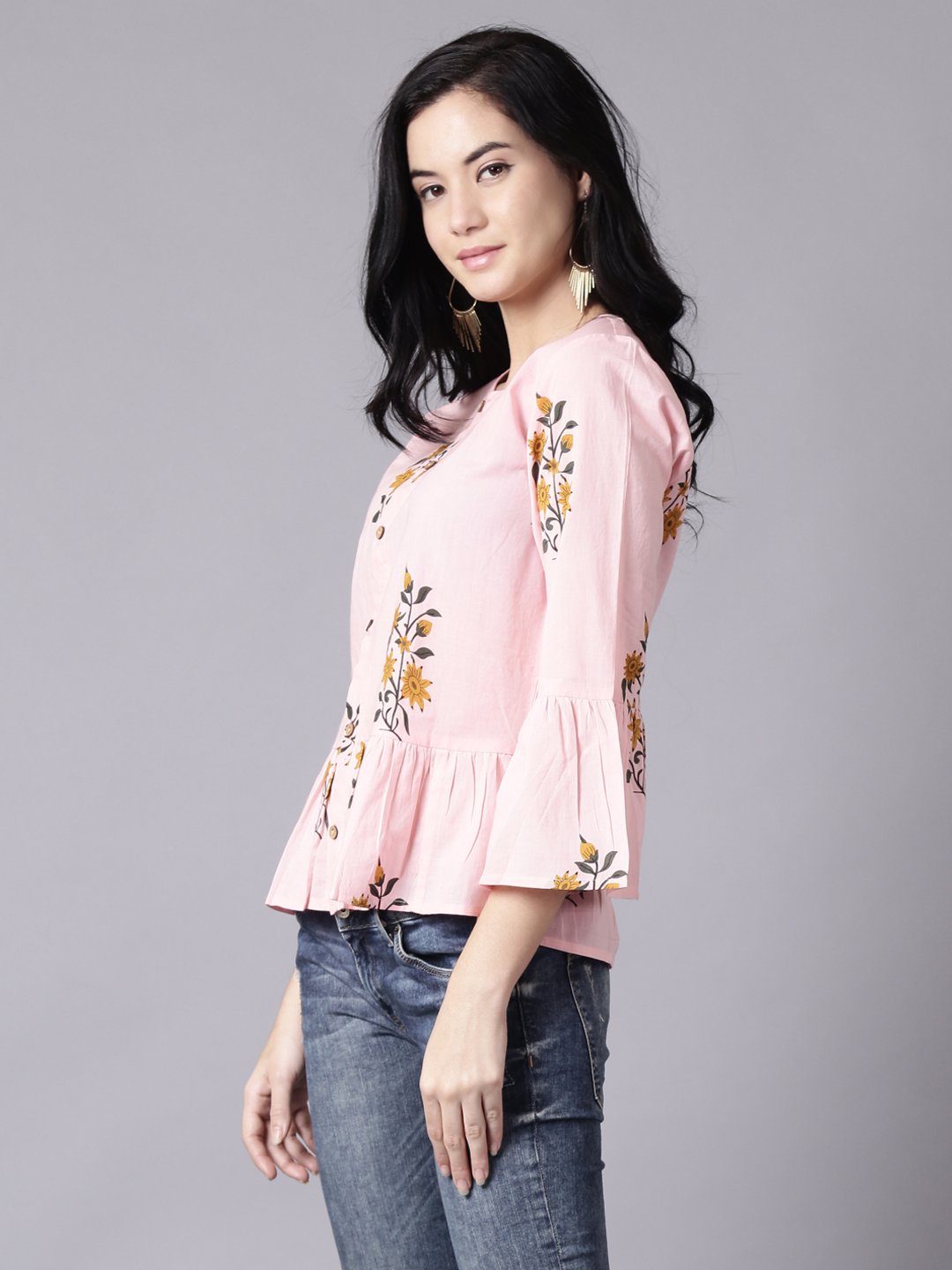 Women Baby Pink Casual Printed Round Neck Top | LASVINI - Redefining Indian Fashion with Elegance