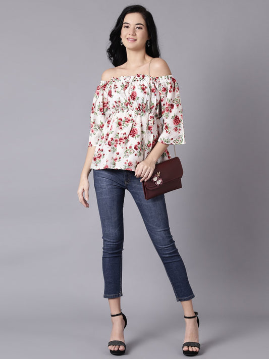 Women Cream Casual Printed Off-Shoulder Top | LASVINI - Redefining Indian Fashion with Elegance