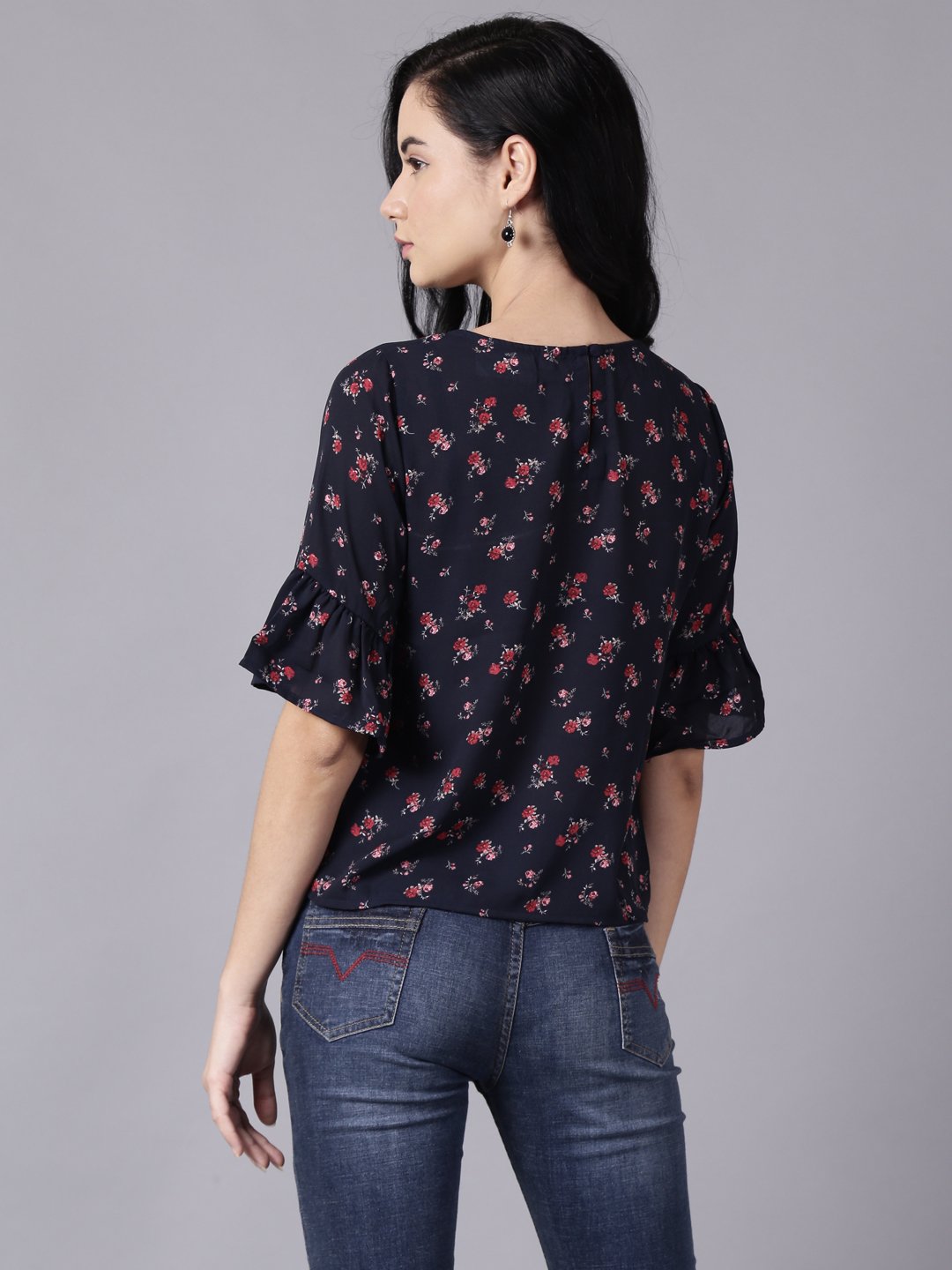 Women Navy Blue Casual Printed Round Neck Top | LASVINI - Redefining Indian Fashion with Elegance