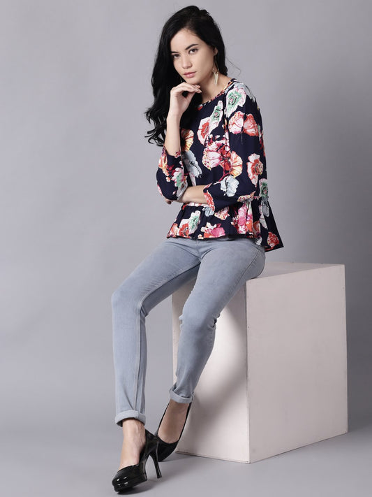 Women Navy Blue Casual Printed Round Neck Top | LASVINI - Redefining Indian Fashion with Elegance