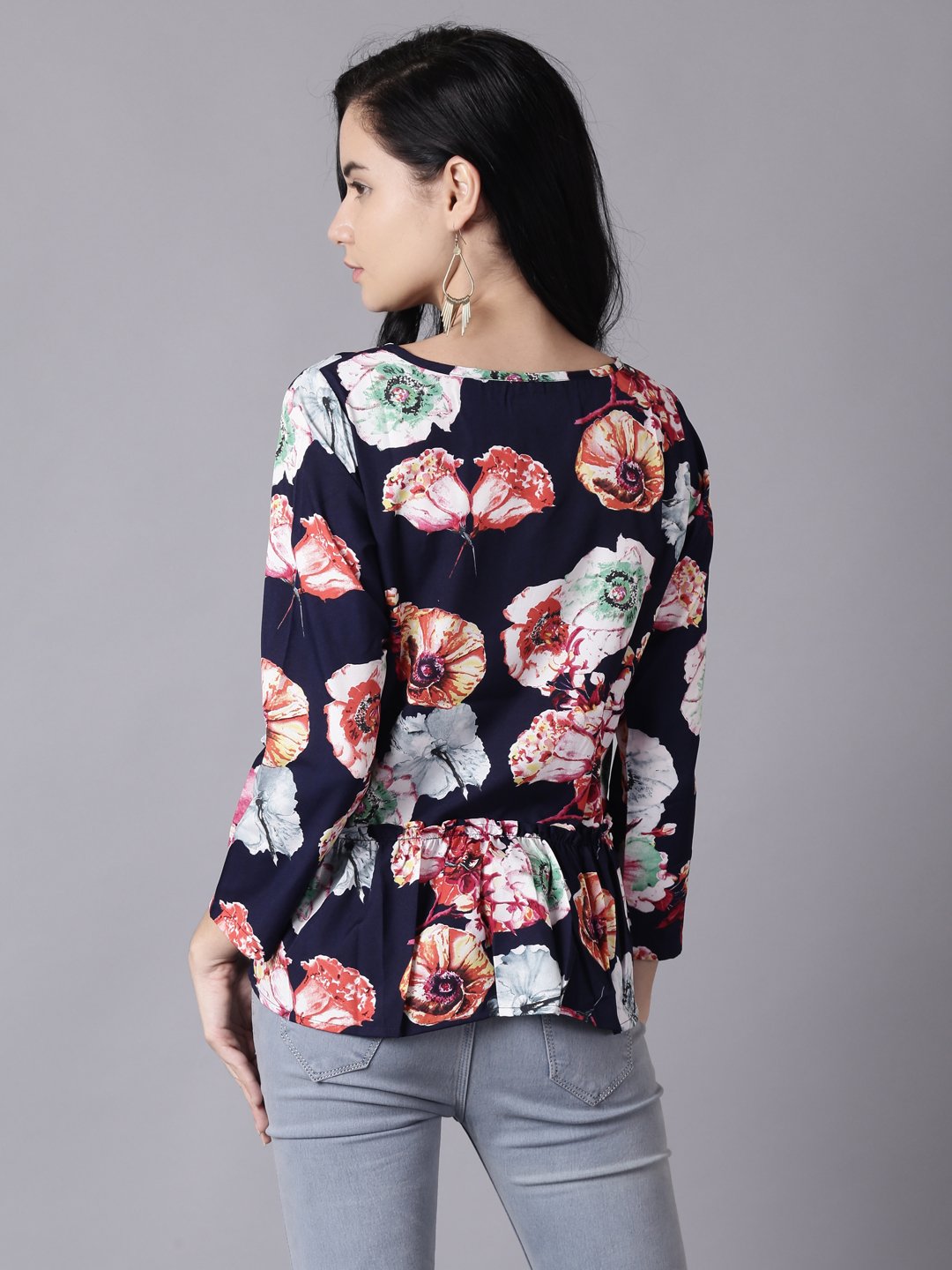 Women Navy Blue Casual Printed Round Neck Top | LASVINI - Redefining Indian Fashion with Elegance