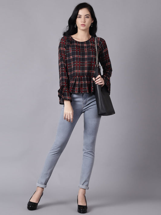 Women Blue Casual Checked Round Neck Top | LASVINI - Redefining Indian Fashion with Elegance